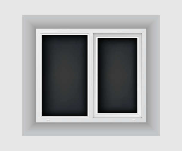 Double casement window mockup template. Realistic plastic window on white wall. Windowpane frame and dark pane. - Vektör, Görsel