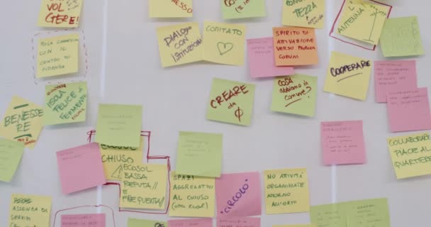 Wall full of colorful post it notes in italian language. The concepts are: Education, sociality, creation, sustainability, dialogue, involvement, cooperation, collaboration - Footage, Video