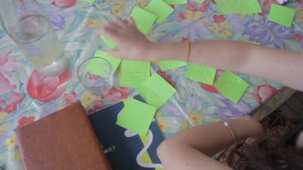 Studenten in teamwork met brainstorming voor ideeën plakken post het notities op de tafel - Video