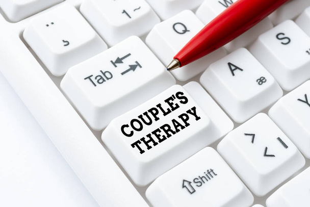 Text sign showing Couple S Therapy. Conceptual photo treat relationship distress for individuals and couples Internet Browsing And Online Research Study Typing Your Ideas - Photo, Image
