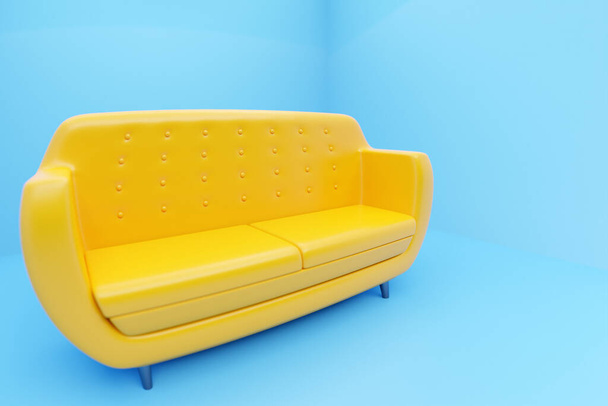 3D ilustrace žluté pohovky ve stylu retro 60. let na modrém pozadí - Fotografie, Obrázek