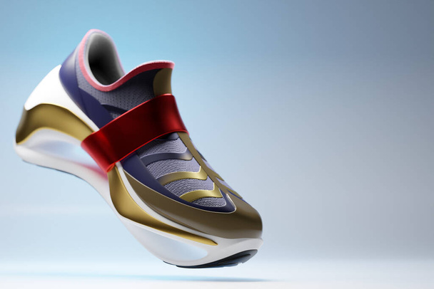 3D εικονογράφηση μπλε και κόκκινο νέα αθλητικά sneakers με χρυσά ένθετα σε μια τεράστια σόλα αφρού, sneakers σε ένα άσχημο στυλ.ashionable sneakers. - Φωτογραφία, εικόνα