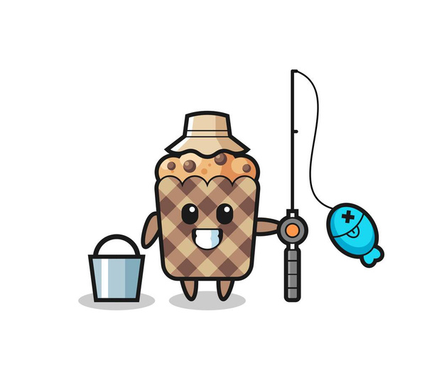 Maskotská postava muffina jako rybář, roztomilý design - Vektor, obrázek