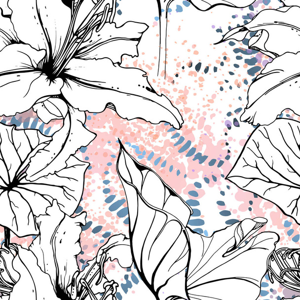 Floral Black and White Seamless Pattern. Modern Artistic Watercolor Print. Fashion Outline Flowers Surface. Botanic Vector Motif on Ink Stains Texture. Drawing Abstract Leaf. Trend Tropic Background. - Vetor, Imagem