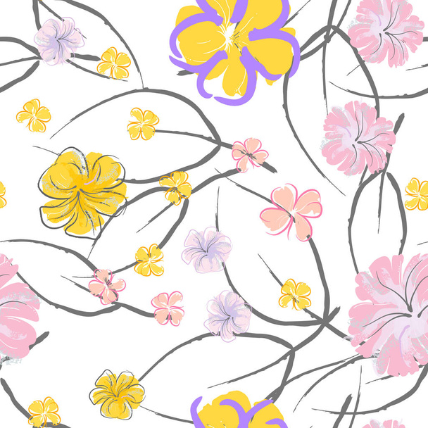 Pink Flowers Blooming Pattern. Pastel Watercolor Floral Print. Little Pink, Yellow, Lilac flower on grey leaf. Elegant brush Background. Seamless Botanical Vector Surface. Texture For Fashion Prints. - Vektor, obrázek