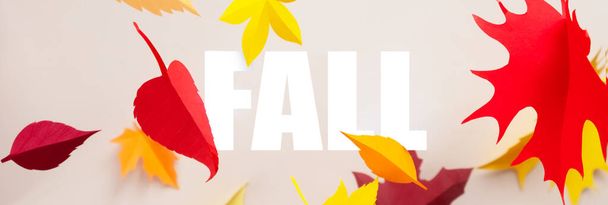 Lettering fall cut from paper with paper autumn leaves. Levitation - 写真・画像