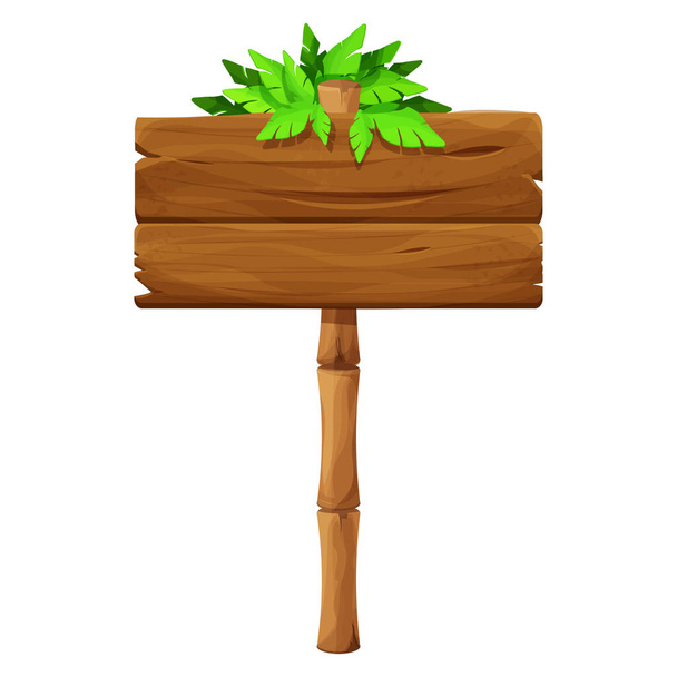 Holzschild mit Bambusstab und tropischen Blättern im Cartoon-Stil, leerer Wegweiser isoliert auf weißem Hintergrund. Ui game asset, exotische Dekoration. - Vektor, Bild