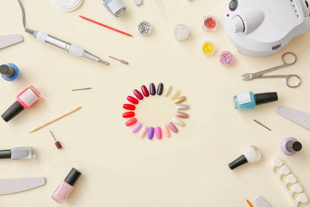 Set of tools for manicure on color background - Photo, Image