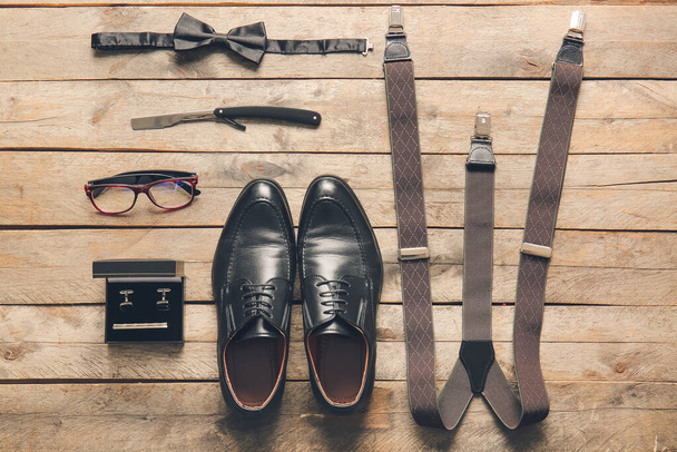 Different stylish male accessories on wooden table - Fotografie, Obrázek