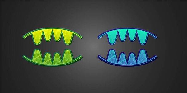 Zöld és kék vámpír fogak ikon elszigetelt fekete háttér. Boldog Halloween partit! Vektor - Vektor, kép