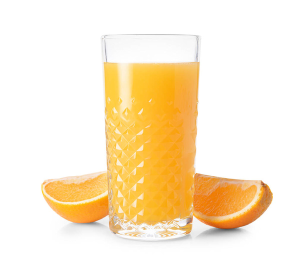 Glass with tasty orange juice on white background - Fotografie, Obrázek