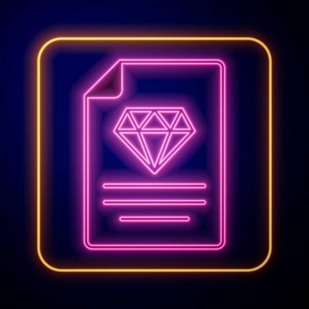 Leuchtendes Neon-Zertifikat des Diamanten-Symbols auf schwarzem Hintergrund. Vektor - Vektor, Bild