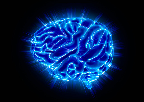 Cerebro humano brillante aislado sobre fondo negro. Ilustración 3D - Foto, imagen