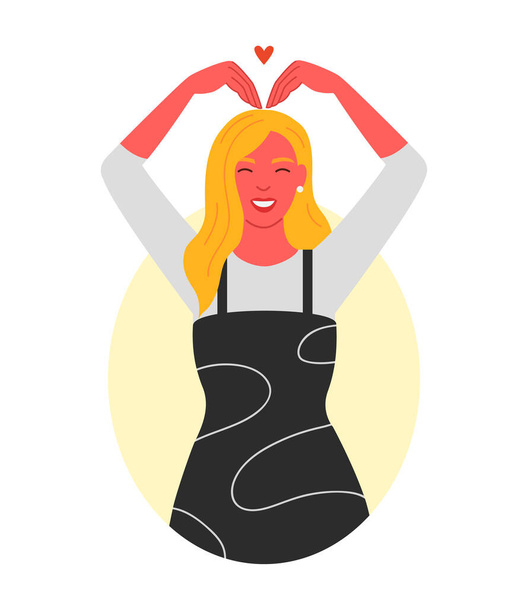 Girl shows emotion of love with gestures. Flat vector illustration on an isolated white background. - Vector, Image