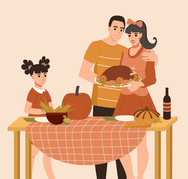 Erntedank-Familie am Festtagstisch. Flat Vector Illustration Mutter Vater und Baby beim Abendessen - Vektor, Bild
