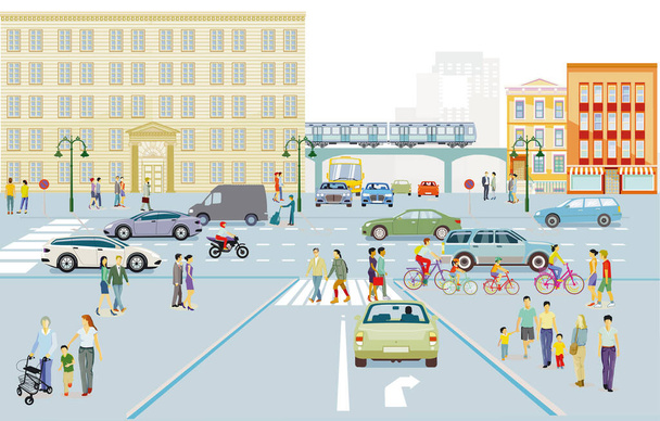 Stadtsilhouette mit Straßenverkehr und Menschen auf dem Bürgersteig, Illustration - Vektor, Bild