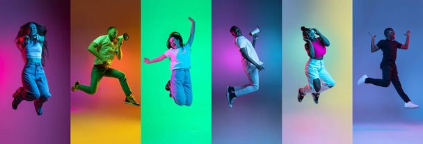 Collage of portraits of an ethnically diverse people joyfuly jumping isolated over multicolored background. - 写真・画像