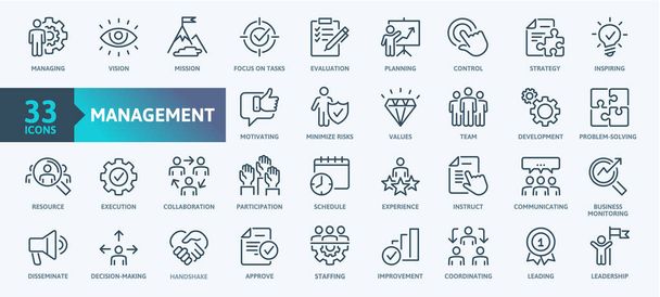Business Management Outline Icon Collection. Thin Line Set contient des icônes telles que la vision, la mission, les valeurs, les ressources humaines, l'expérience et plus. Ensemble d'icônes web simples. - Vecteur, image
