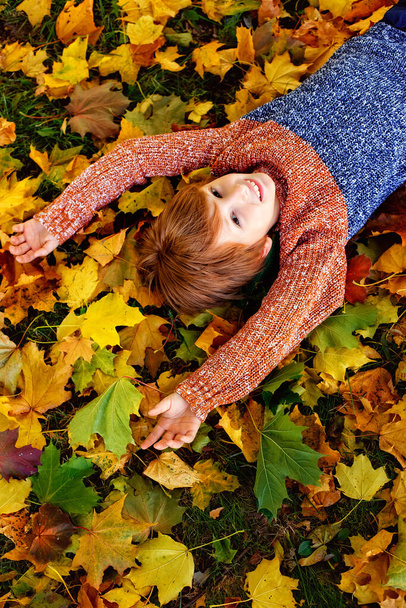 El concepto de hojas de otoño para los niños. Un niño acostado sobre una hoja dorada. Un niño con una hoja amarilla en un parque de otoño. Una sonrisa en la cara de un niño. Vista superior - Foto, imagen