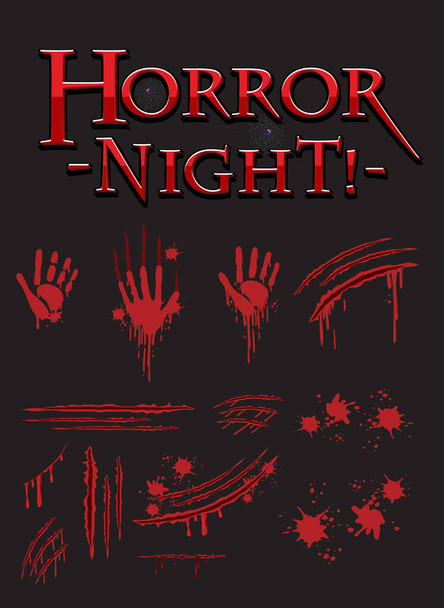 Дизайн текста "Ночь ужасов" с кровавыми отпечатками рук - Вектор,изображение