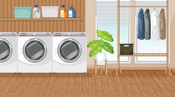 Çamaşır makinesi ve elbise askısı resimli çamaşır odası sahnesi - Vektör, Görsel