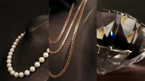 kolaż drogich prezentów, elegancki perłowy naszyjnik na manekin, ręka w czarnej rękawicy pokazuje złotą biżuterię w sklepie, ogromny sztuczny kryształ diament obraca się na ciemnym tle - Materiał filmowy, wideo