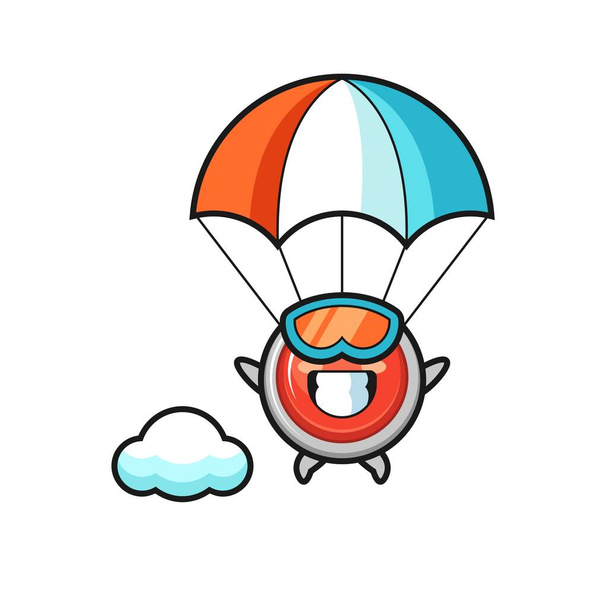 botón de pánico de emergencia mascota de dibujos animados es paracaidismo con gesto feliz, lindo diseño - Vector, Imagen