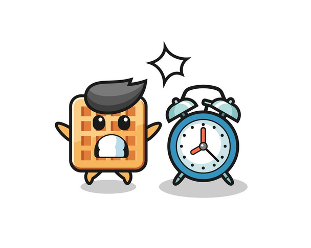 ワッフルの漫画イラストは、巨大な目覚まし時計、かわいいデザインで驚いています - ベクター画像