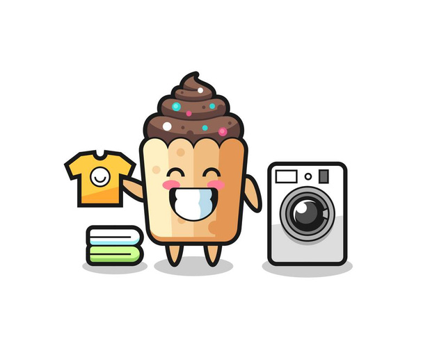 Mascot cartoon of cupcake with washing machine , cute design - Vector, Image