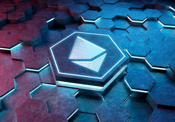 Ethereum icon concept engraved on blue and pink metal hexagonal pedestral background. Crypto currency symbol glowing on abstract digital surface. 3d rendering - Foto, immagini