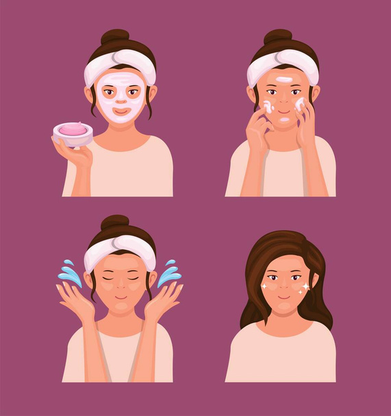 美容マスクスキンケアと洗顔プロダクトインストラクションシンボルキャラクターセットイラストベクトル - ベクター画像