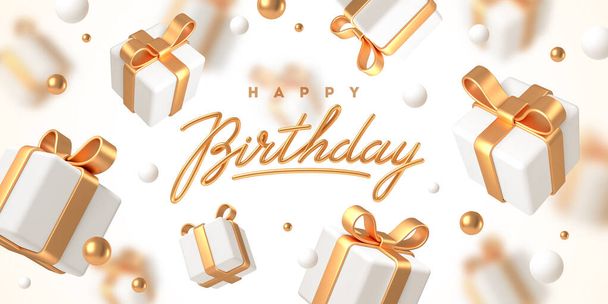 Birthday greeting design. Background with 3d white gift boxes with golden ribbon and bow. Birthday celebration concept. Vector illustration. - Vector, Imagen