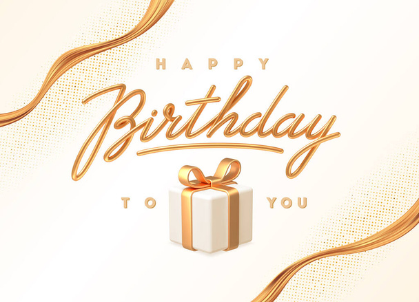 Birthday greeting card. 3d greeting calligraphy and gift box with golden bow. Vector illustration. - Vektor, kép