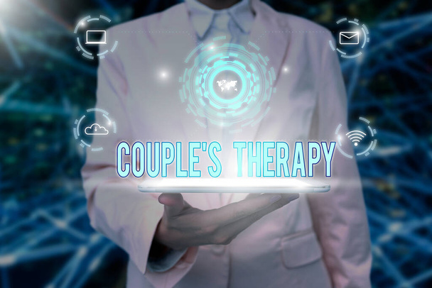 Text sign showing Couple S Therapy. Word for treat relationship distress for individuals and couples Lady Uniform Standing Tablet Hand Presenting Virtual Modern Technology - Photo, Image