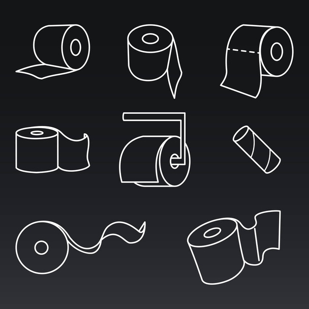 Vector Set of Toilet Paper White Line Icons on Black Background - Vector, Image