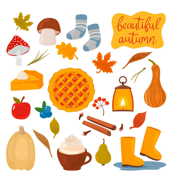 Conjunto de iconos de otoño: calabaza, pastel de calabaza, bayas, champiñones, botas de goma, calcetines calientes, una taza de café. letras de la mano hermoso otoño. ilustración vectorial aislado - Vector, imagen