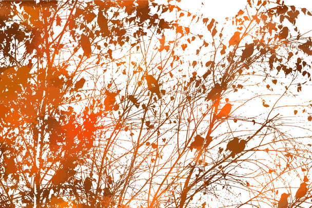 Puu, jossa on lentäviä oransseja lintuja. Syksy puu. Vektoriesimerkki - Vektori, kuva