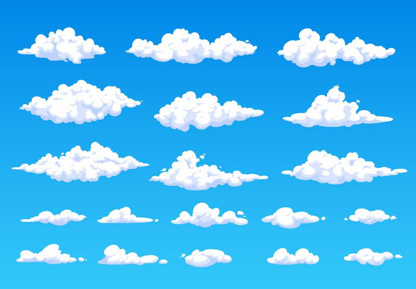 Мультфильм пушистые белые облака в голубом небе. Векторный летний облачный ландшафт, облака на небесах. Мягкая и веретенообразная или кучевая погода и природа. Метеорология изолировала белые облака - Вектор,изображение