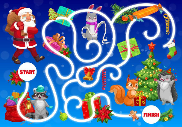 Weihnachtslabyrinth für Kinder mit Tierbabys und Weihnachtsmann. Kinder finden Weg Aktivität, Kinder Labyrinth-Spiel. Weihnachtsmann, Hase und Waschbär, Fuchs, Eichhörnchen und Igel, Weihnachtsgeschenke Cartoon-Vektor - Vektor, Bild