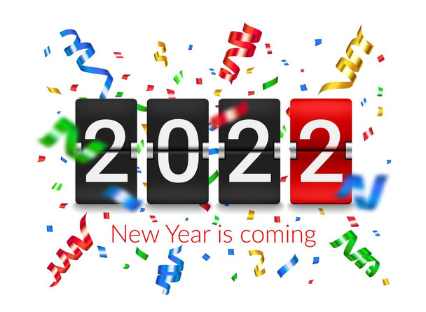 2022 Uusi vuosi flip lähtölaskenta laskuri aluksella konfetti räjähdys. Uudenvuoden loma juhla realistinen vektori tausta lentävät konfetti folio kappaletta ja nauhat, flip kello ajastin - Vektori, kuva