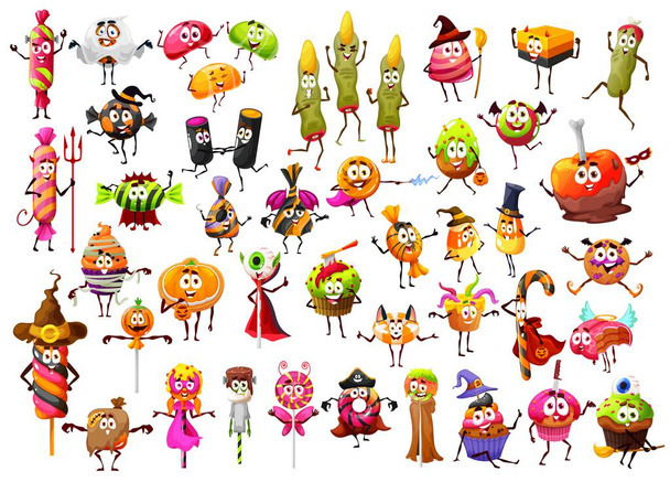 Halloween cartoon funny candies, lollipop witch fingers, candy corns and cupcakes, vector characters. Halloween holiday trick or treat sweets, scary pumpkin cookies, caramel skulls and liquorice bones - Vector, Image