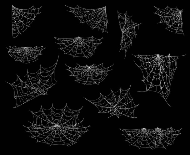 Sarjakuva hämähäkki web ja hämähäkki web, Halloween koristeet, vektori kauhu yö puolue, vektori asetettu. Halloween hämähäkinverkko kulmissa läpinäkyvällä taustalla, loma temppu tai hoitoon pelottava sisustus - Vektori, kuva