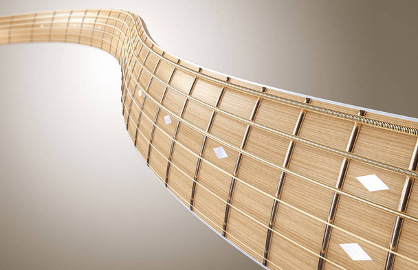 Un concepto surrealista de un primer plano en forma de onda de un diapasón de cuello de guitarra de madera ligera y cuerdas en perspectiva - 3D render - Foto, Imagen