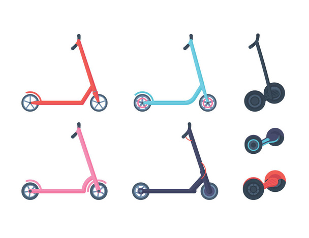 Set of flat scooters and gyroscooters. - Vector, Image