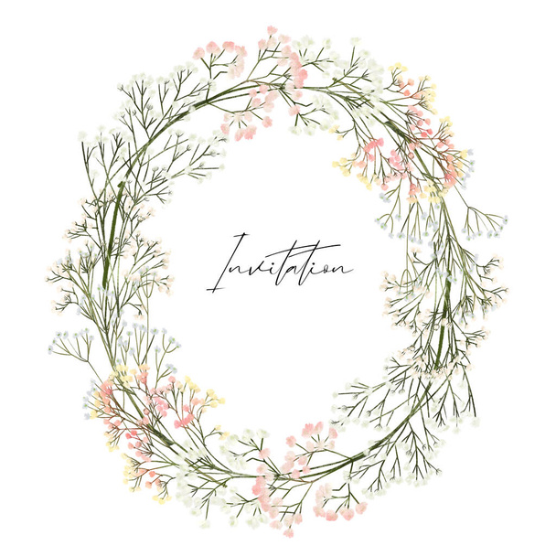 Wreath of gypsophila branches, isolated illustration on white background, for wedding and greeting card, invitation etc - Photo, Image