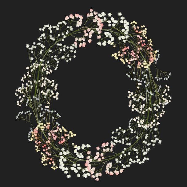 Wreath of gypsophila branches, isolated illustration on dark background, for wedding and greeting card, invitation etc - Photo, Image