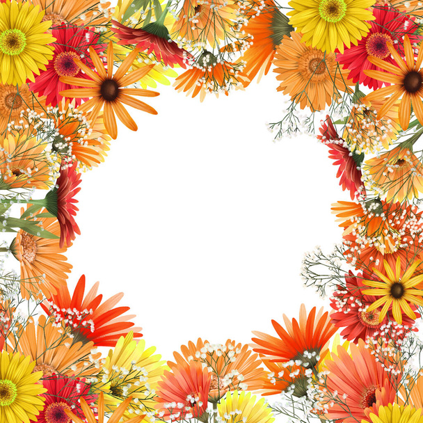 Frame border of autumn gerbera daisies, asters and gypsophila flowers, hand drawn illustration on white background, for wedding cards, invitation, celebratory design - Photo, Image