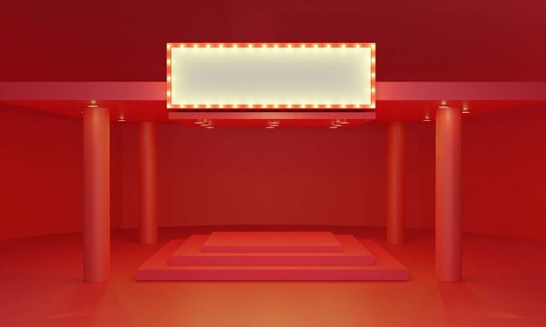 rood podium met vitrine in de studio .3d rendering. - Foto, afbeelding