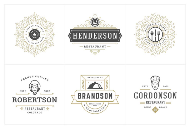Restaurant logos templates set vector illustration good for menu labels and cafe badges. Vintage typography decoration design elements and symbols. - Vetor, Imagem
