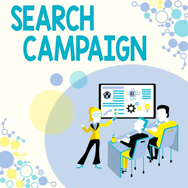 Tekst pokazujący inspirację Kampania Szukaj. Metoda podejścia biznesowego polegająca na umieszczaniu reklam online na stronach internetowych Prezentacja koncepcji raportu projektowego, raportowanie statusu biznesowego - Zdjęcie, obraz